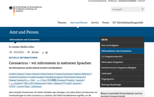 Screenshot des Bereichs "Amt und Person" der Webseite der Beauftragten der Bundesregierung für Migration, Flüchtlinge und Integration
